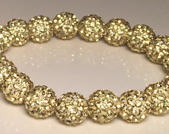Light Gold Sparkle Bracelet, Shamballa Bracelet, Disco Bead, Crystal Pave, Rustic Style, Bridesmaid Stretch Bracelet