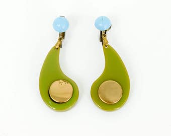 40s Olive Geen and Turquoise Bakelite Earrings | Bakelite Drop Earrings