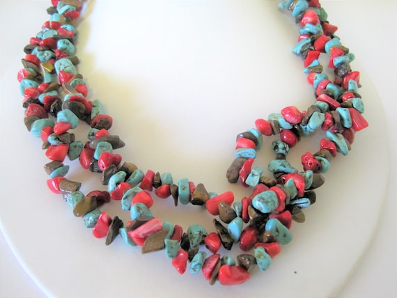 Turquoise Chip Necklace, Coral Chips, 3 Strands Choker, Vintage Boho Hippie Jewelry
