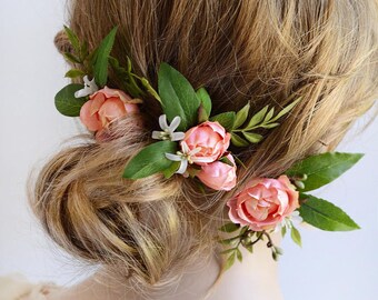 bridal hair piece, wedding hairpiece, pink flower hair pins, pink flower hair clip, bridal hair pins, hair flower, pink rose hair, leaves