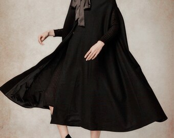 Black Wool Hooded Cape, Maxi Hooded Cloak, Winter Coat Jacket, Cashmere Wool Coat Jacket, Black Cloak. Cloak Cape, Long Hooded Cloak