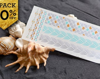 2-PACKS 20% OFF, 2 sheets of Temporary Tatts, Wavy Bracelets Rings Fake Tattoos, Turquoise Gold Metallic, Bracelets tattoos - Spring sale