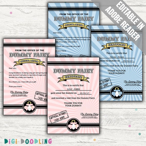 Dummy Fairy Certificate and Letter. Editable. Printable.