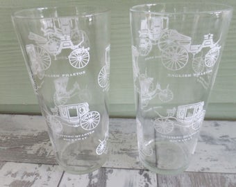 Vintage Glasses Horseless Carriage Drinking Glasses Tumblers Set of 2 Clear with White 1950's Rockaway Coach Brett Barouche Phaeton