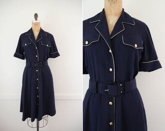 1980's Vintage Navy Blue Button Down Dress with Gold Trim // Short Sleeve Belted Midi Dress with Notched Collar
