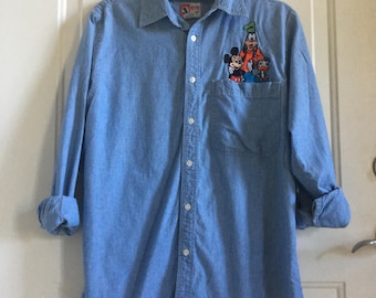 vintage 90s disney embroidered mickey denim chambray button up