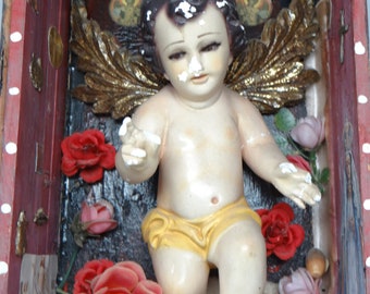 Vintage Mexican Nicho with Baby Jesus Santos, Religious Altar Shrine, Glass Eyes, Milagros, Ex Voto