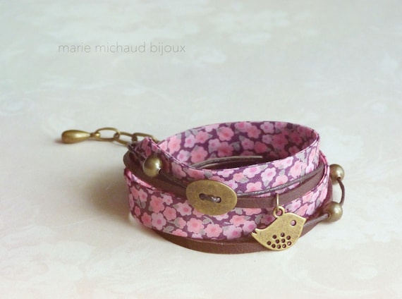 Liberty bracelet,Wrap bracelet,Double wrap bracelet,Textile bracelet,Cuff bracelet,Liberty jewelry,Pink bracelet,Small gift for her,