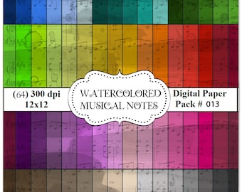 64 fantastic High Quality Digital 12x12 300 DPI Papers #13 Watercolored Musical Notes....