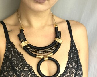 African clothing, tribal necklace, funky jewelry, modern necklace, edgy necklace, OOAK jewelry, urban fashion, black necklace, gold necklace