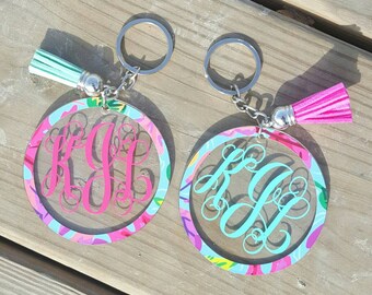 Monogram Keychain with tassel, monogram circle keychain