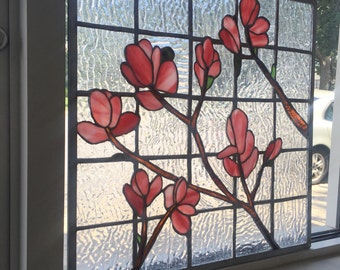 Stained Glass Flower Branch Floral Pink Window Panel Sun Catcher