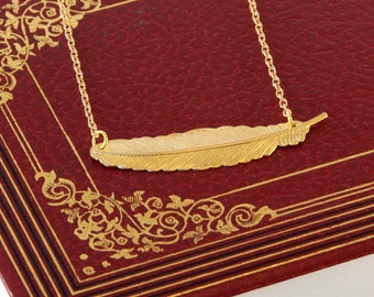 Gold Feather Necklace - Sideways Feather Necklace - Brass Feather Pendant