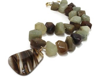 Chunky Jade Necklace, Big Bold Chunky Necklace, Cherry Quartz Pendant, Gemstone Statement Necklace, Green And Brown, EarthTones