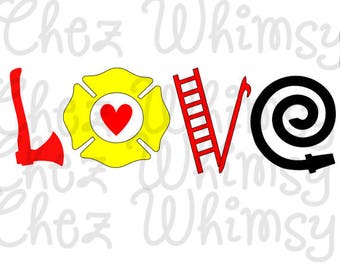 Fireman SVG, Firefighter Love SVG, Cutting File, Clip Art SVG, Fireman Love Svg with Axe, Firehose, Ladder, and Badge