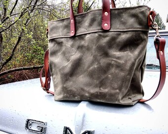 Quartermaster Harbor - Waxed Canvas Zip Top Tote with Leather Grab Handles and Adjustable Cross Body Strap