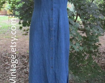 LINEN DUSTER, dark blue, Button-Down DRESS, Long Sleeveless Maxi, Navy denim blue, Vintage 90s Boho chic, hipster retro hippie minimalist, M