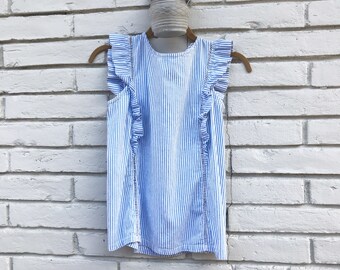 vintage blue and white striped ruffle shirt with detailing vintage 1960's