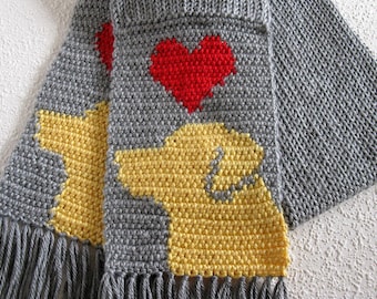 Yellow Labrador Retriever Scarf. Gray, knit scarf with red hearts and yellow labs. Knitted dog scarf. Labrador gift