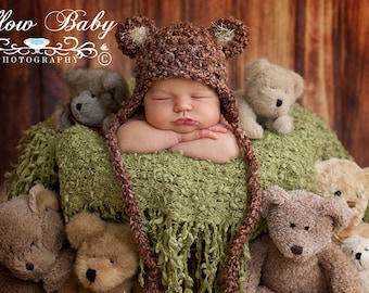 READY Baby Hat - Baby Bear Hat - Baby Boy Hat - Baby Girl Hat- 3 COLOR CHOICES Earflaps & Ties with pom pom's