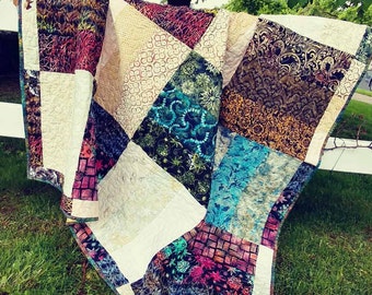 Quilt, lap, couch, throw, batik, browns and blues, classy, large size