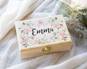 Flower Girl or Bridesmaids Gift Box Jewelry Box Personalized Name, Wooden Box for Wedding Bridal Party Gift Name Box (Item - JBF340)