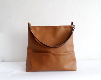 Leather tote bag, Vegan leather hobo bag with real leather handle, Casual shoulder bucket bag, Toffee brown bag, Honey brown bag, Cognac bag