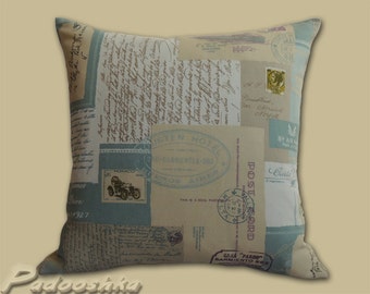 Postcard pillow cover Vintage postcard cushion cover Script pillow case Shabby chic blue throw pillow cover Cotton pillow sham Bedroom decor