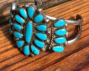 Vintage turquoise bracelet, Zuni bracelet cuff, Native American Indian jewelry, cluster squash blossom bracelet, old pawn cuff bracelet