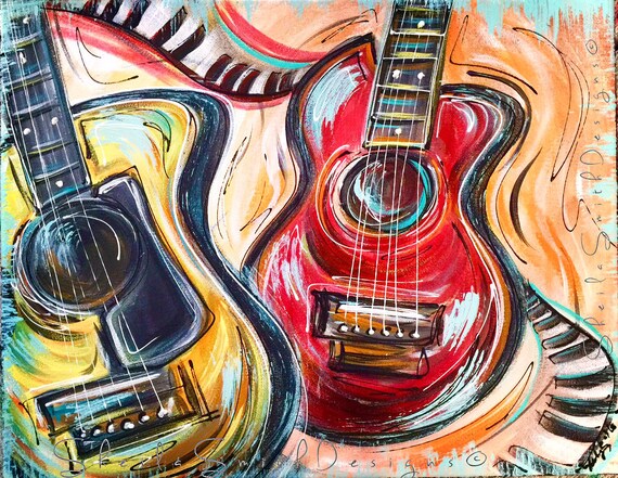 Funky colorful Guitar Painting Music Art on stretched canvas