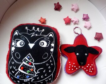 Owl prince with the tree ,ornament, primitive folk art, home decor, soft art creature by Wassupbrothers, christmas home decor totem