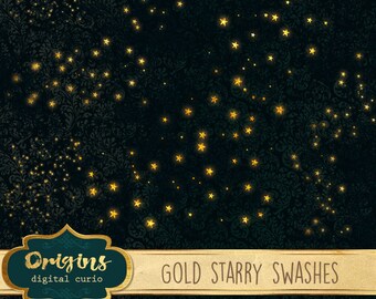 Golden Starry Swashes PNG Clipart, gold star clip art, glowing moon and stars night sky photo overlays, photography digital instant download