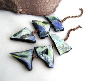 Polymer Triple Shard Chain Danglies Earring Components Lightweight Pastel Pale Green, Purple Black Textured On Small Copper Chain pair (2)