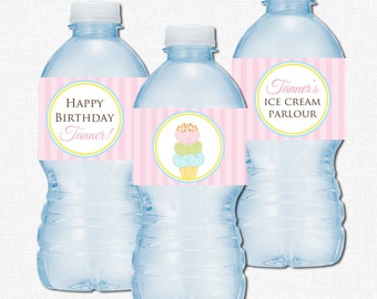 Ice Cream Water Bottle Labels, Ice Cream Shoppe Birthday Party Decorations, Ice Cream Bottle Wraps, Personalized