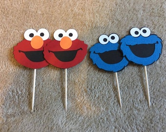24 Sesame Street Elmo or Cookie Monster cupcake toppers. Set of 24. Great for Birthday parties. Free Shipping