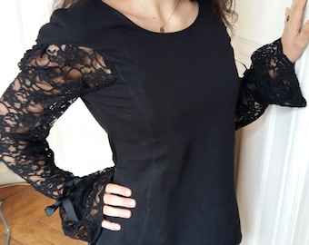 Sweater with sleeves gathered Black Lace