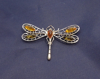 Vintage Sterling Silver Dragonfly Brown Green Marquis Amber Brooch Pin