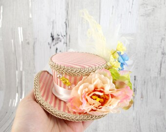 Pink and Cream Striped Flower Garden Mini Victorian Riding Hat Fascinator, Marie Antoinette, Alice in Wonderland, Derby Hat