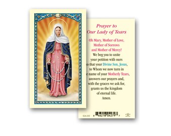 Our Lady of Tears Clear, laminated Italian holy cards with Gold Accents. Features World Famous Fratelli-Bonella Artwork. 2.5" x 4.5"