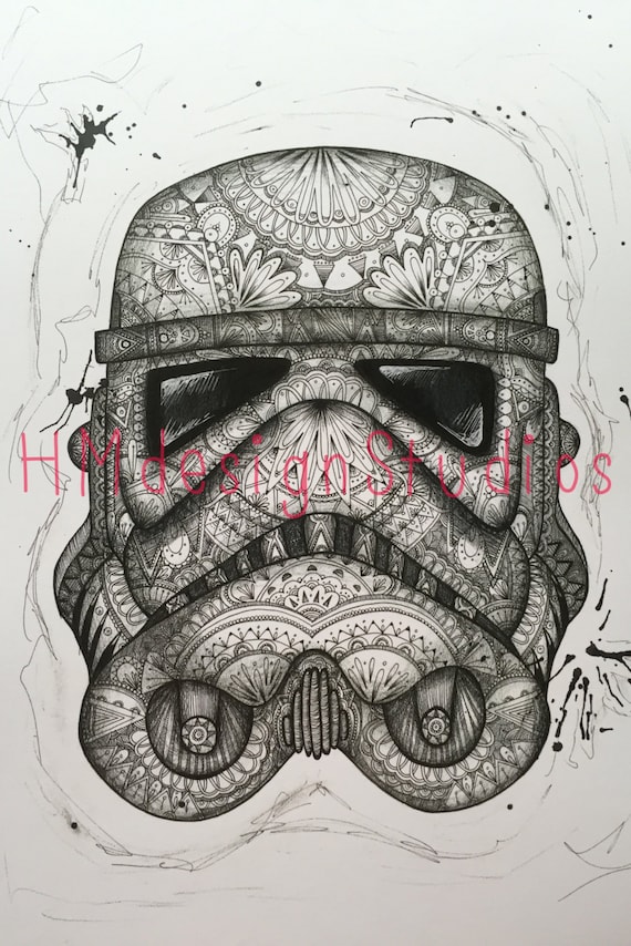 Hand Drawn Stormtrooper Helmet PRINT Star Wars drawing by