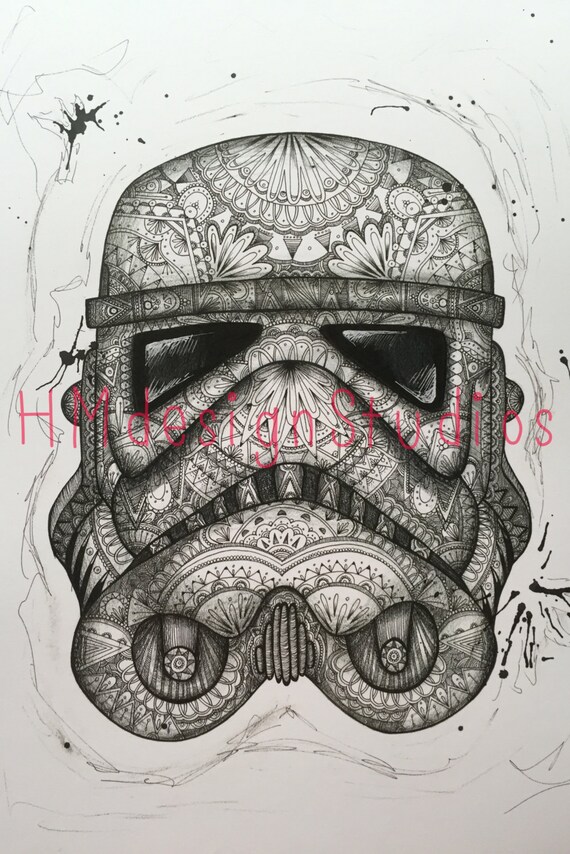 Hand Drawn Stormtrooper Helmet PRINT Star Wars drawing by