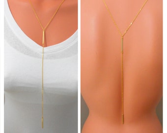 Back Necklace, Front To Back Necklace, Back Drop Necklace, Lariat Necklace, Y Necklace, Gold Bar Necklace, Gold Lariat