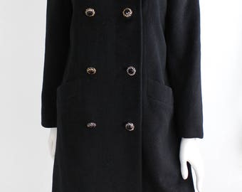Vintage 1950s llama Wool Coat | 1950s Black Wool Winter Coat | Double Breasted Peacoat | S - M
