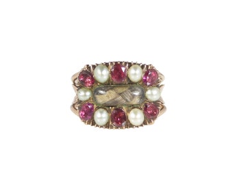 Georgian Garnet Pearl Ring, Antique Mourning Ring, In 15ct gold, Georgian Pearl Garnet Ring, Georgian Ring, Antique Garnet Ring