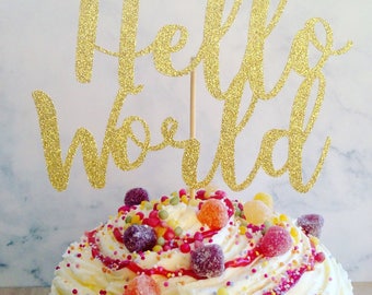 Cake Topper, Hello World cake topper, glitter cake topper, baby shower cake topper, cake decoration, new baby decoration, baby shower decor