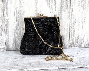 Vintage black beaded purse with gold kiss lock frame and chain with inner pocket