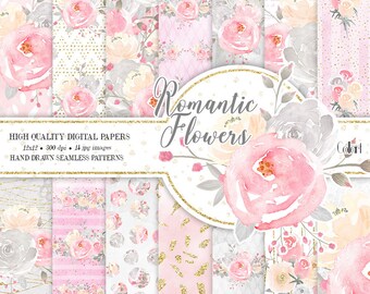 Floral Digital Paper Pack, Hand Drawn Watercolor Flowers, Planner Stickers, Seamless Patterns, Watercolor Flowers, Wedding Paper Pack