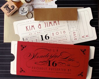 Formal Vintage Ticket Invitation with Sleeve Wrap Enclosure for Hollywood Movie Theater Red Carpet Theme Wedding, Birthday, Bar/Bat Mitzvah