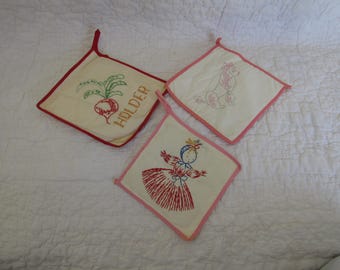 3 Vintage Pot Holders Hand Stitched