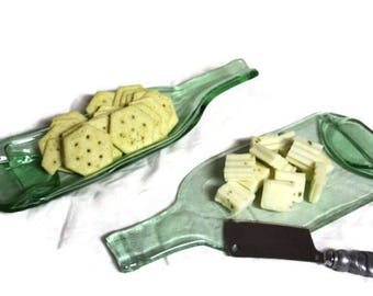 flat wine bottle, Melted Wine bottle, spoon rest, wine bottle tray, set of 2 recycled wine bottles, green hostess gift wedding gift